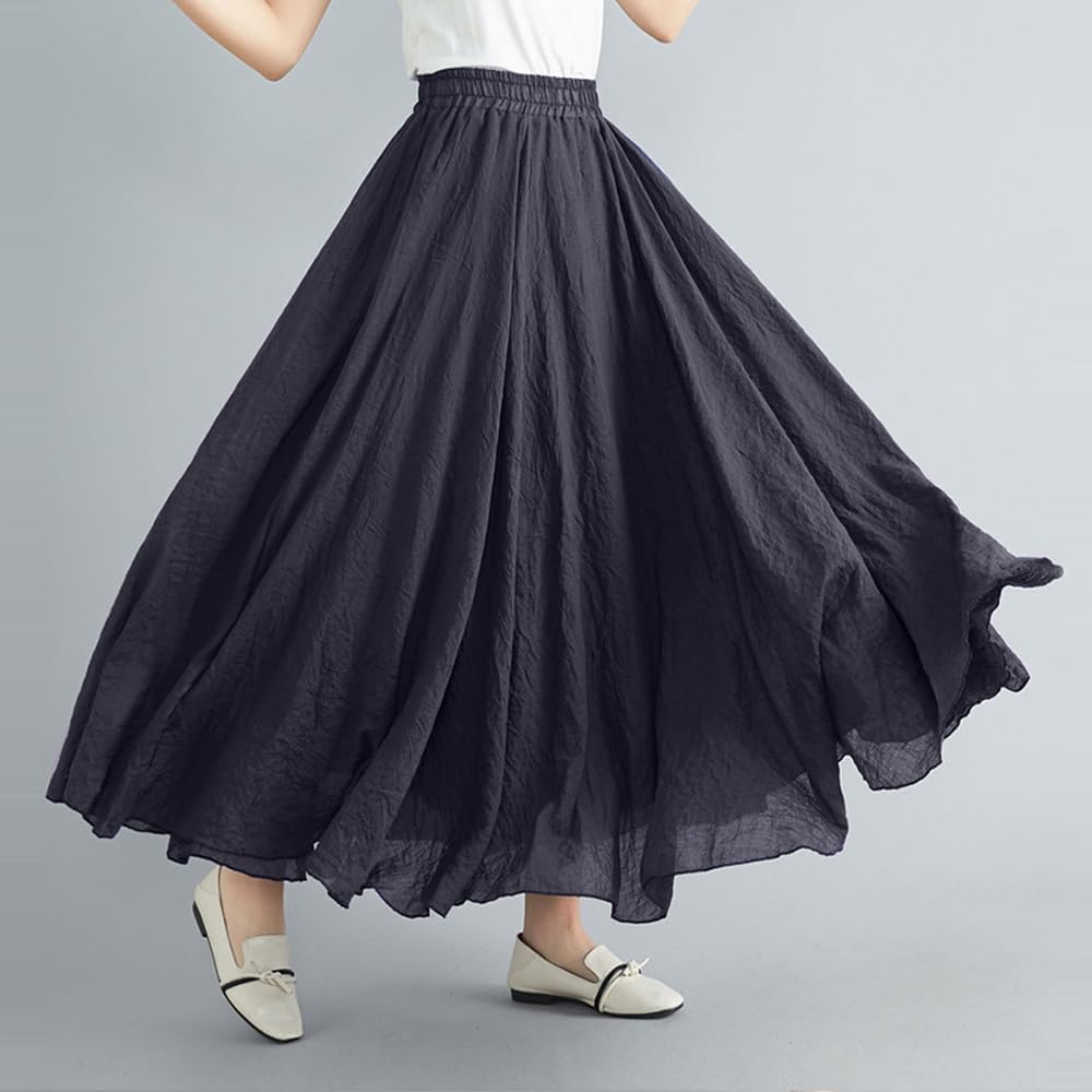 ASHER FASHION Women's Bohemian Style Elastic Waist Band Cotton Linen Long Maxi Skirt Dress - Image 8
