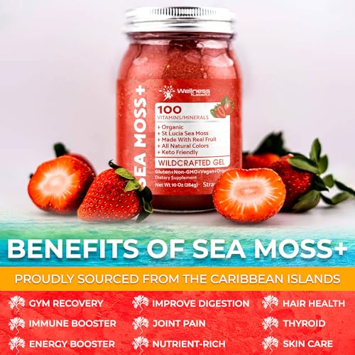 Irish Sea Moss Gel Organic Raw - Wildcrafted Superfood Seamoss Gel - Strawberry Flavor, Vitamin and Mineral-Rich from Pristine Caribbean Waters, Immune and Digestive Health Support - 10 oz.