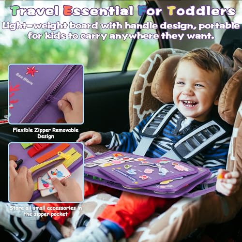 Image of Montessori Busy Board for Toddlers 3-6, Soft Sensory Activity Book with Life Skills, Cognition, Sorting, Matching, Travel Toys for Airplane Car, Gift for Girls Boys 3+ Years Old (Mermaid)