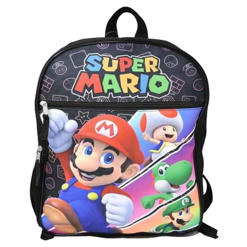 Bioworld Super Mario 16 Kids Backpack Colorful Cartoon School Bag with Front Pocket & Side Mesh Lightweight Travel Backpack for Boys & Girls BPB6RSPSMB