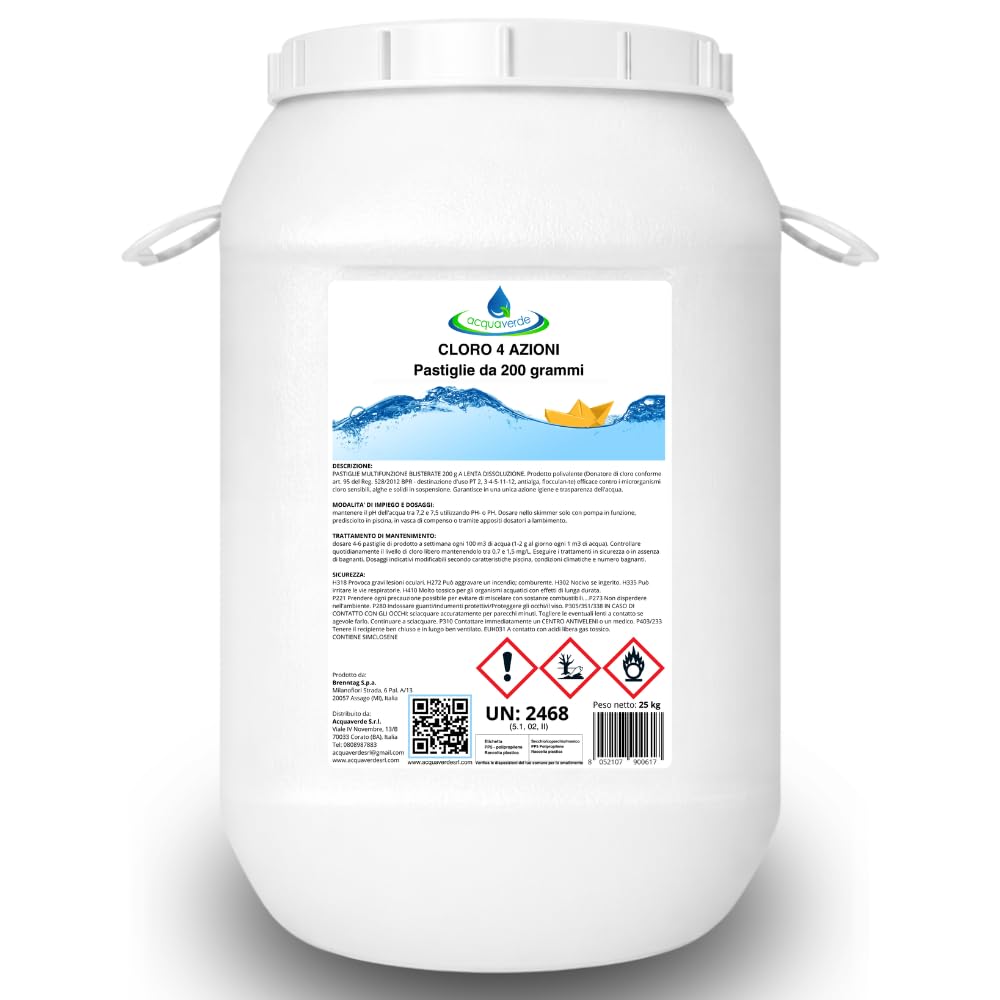 acquaverde | Cloro 4 AZIONI in Pastiglie da 200 grammi - 25 kg di Multiazione per Piscina, Trattamento Multifunzione: Clorante, Antialghe, Stabilizzante del Ph e Flocculante per Acqua di Piscine