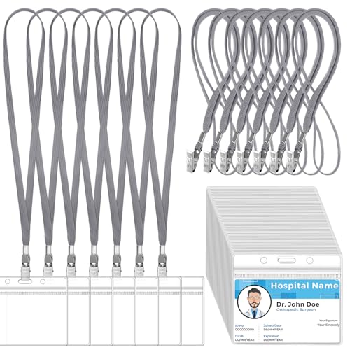 Image of Marspark 50 Sets 4 inchx3 inch Name Badge Holder with Lanyard Bulk, Gray | Waterproof Reusable Plastic with Clip, ID Badges Business School Conference Use, Lanyard Strap for Employees Students Events