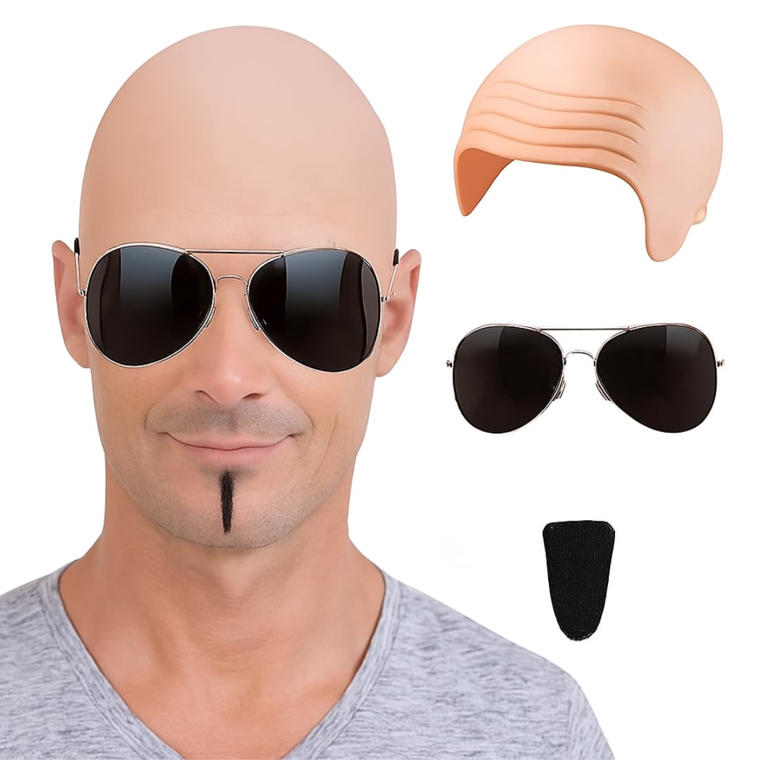 Rosevale Mr. Worldwide Costume Set for Men - Pitbull Accessory Kit with Bald Cap, Sunglasses & Goatee - Funny Celebrity Costume Accessory Kit for Parties, Events & Group Themes