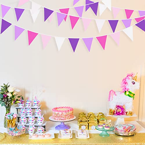 10M/32Ft Rose Pink Purple White Pennant Banner Fabric Triangle Flag Cotton Bunting Garland For Unicorn Birthday Wedding Anniversary Party Home Nursery Outdoor Garden Hanging Festivals Decoration #TOP4