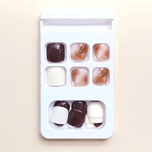 Miniatura 3 de TMLECE TM Uñas postizas cuadradas cortas de cobertura completa, 24 unidades, mezcla de café beige, uñas postizas con pegamento y lima de uñas, uñas