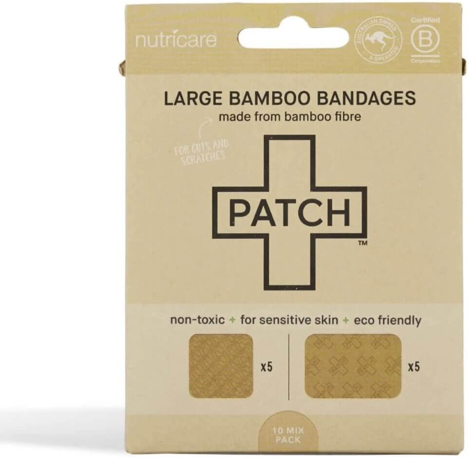 PATCH Large Sensitive Skin Bandages - Square and Rectangle Natural Bamboo Latex-Free, Compostable, Hypoallergenic Bandages for Sensitive Skin, Eco-Friendly, 5 Square, 5 Rectangle, 10ct