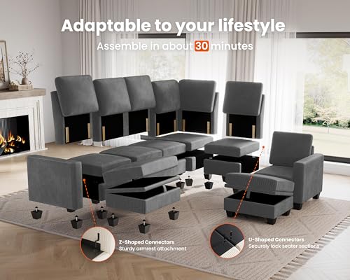 Image of CHIC HOUSE Middle Module for Modular Couch, Corduroy Customizable Chaise, Storage Ottoman for Sectional Sofa, Armrest, Single /Double Seater