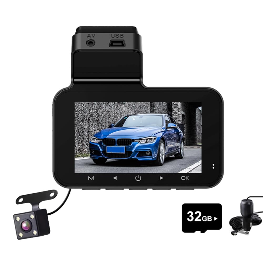 Car Driving Recorder Dual Shot Front and Rear 3 Inch Screen Full HD 1080P Camera 170° Viewing Angle WDR Night Vision Cyclic Recording 32GB