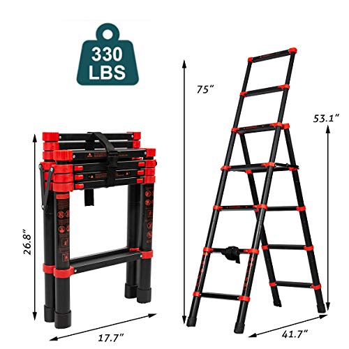 5 + 7 Extension Ladder Multi-Position A-Frame Telescoping Ladder - Aluminum Lightweight Adjustable Step Ladder - Portable Collapsible Ladder for RV Stairs (5+7 Steps)