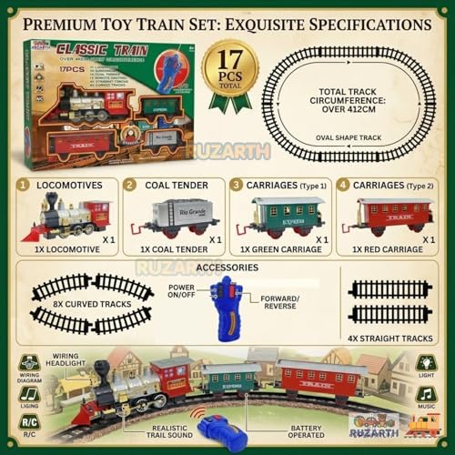 Image of Train Set for Kids | 412 CM Track Electric RC Train with Light & Sound | Battery Operated Classic Toy Train (17 Pcs) | Educational Gift for Boys & Girls - No Smoke (Train with Remote)