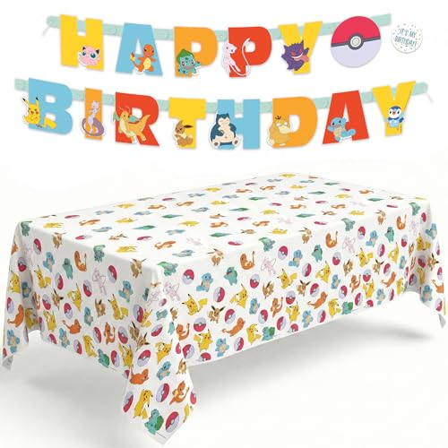 Pokemon Birthday Banner and Pokemon Table Cloth | Birthday Decorations and Party Supplies | Officially Licensed