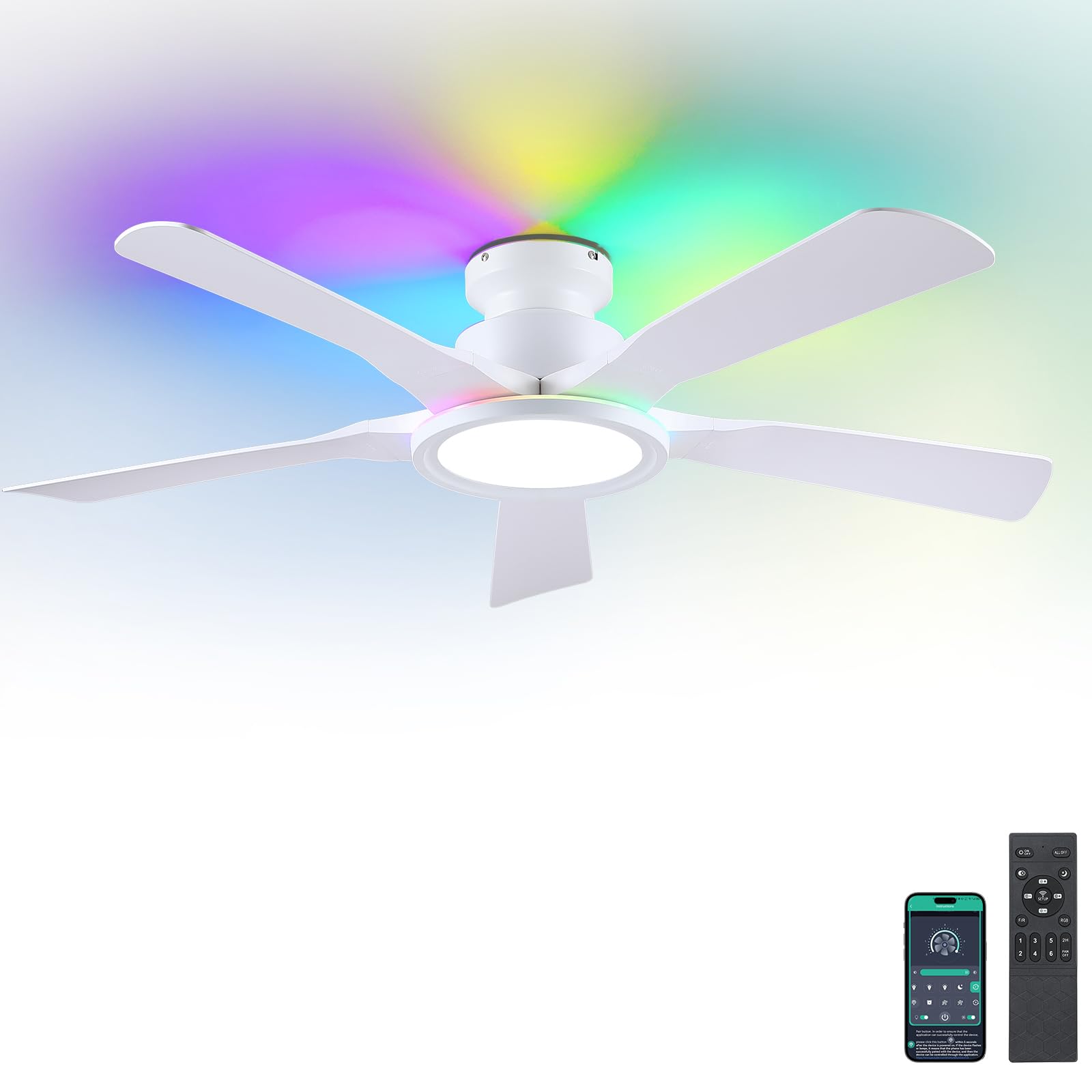 Kviflon RGB Deckenventilator mit Fernbedienung, Leise DC Motor, Umkehrbar, Dimmbar LED, 132cm Deckenventilatoren für Schlafzimmer Wohnzimmer, Weiß