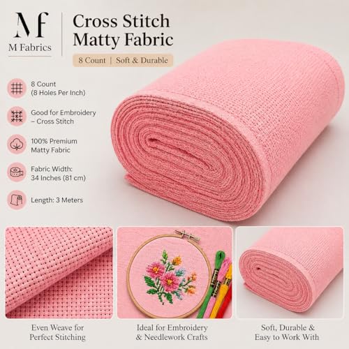 Image of M Fabrics 3 Meters Pink Aida Matty Fabric 8 Count 34 Inch Width | Cotton Cross Stitch Embroidery Cloth Soft Needlework Fabric for Cushion Covers Table Covers Craft Sewing - 3 Meters Pink