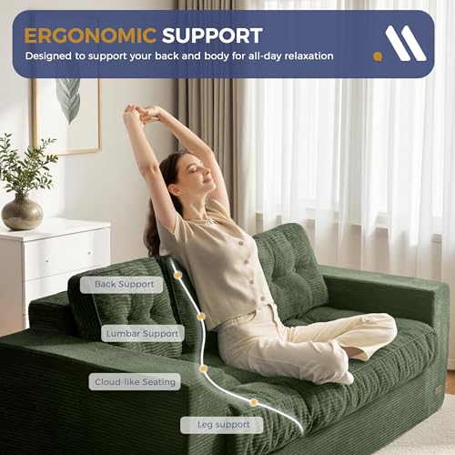 Image of MAXYOYO Loveseat Sofa Couch, Upholstered Bean Bag Chair Cloud Seat for Adults, Boneless Couch with Cushion & Pillows, Sofa in A Box, No Assembly Required, Corded Dark Green, 3-Seat