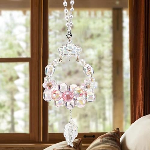 Image of Crystal Ball Car Rear View Mirror Hanging Charms Pendant Lucky Hanging Ornament Car Interior Decorations, Pink
