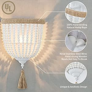 Boho Wood Beaded Wall Light Hand Woven Rope Farmhouse Bedside Wall Lamp White Rustic Bohemia Wall Sconce Lighting Fixture for BedroomHallwayBathroomNurseryEntrywayLiving Room2 Pack