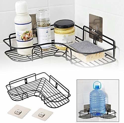 Image of Self Adhesive Bathroom Corner Shelf Without Drill, Stainless Steel Corner Rack, Shampoo Holder, Bathroom Storage Organizer, Rustproof (Black, Pack of 2)