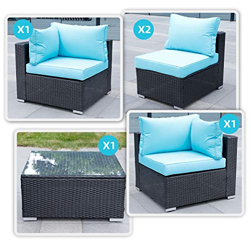 Viewee 5-Piece Patio Furniture Set PE Black Rattan All-Weather Wicker Sectional Outdoor Sofa Washable Blue 4-Cushions & 6-Pillows (Extra Gift: Ratchet/Hex/Allen Wrench)