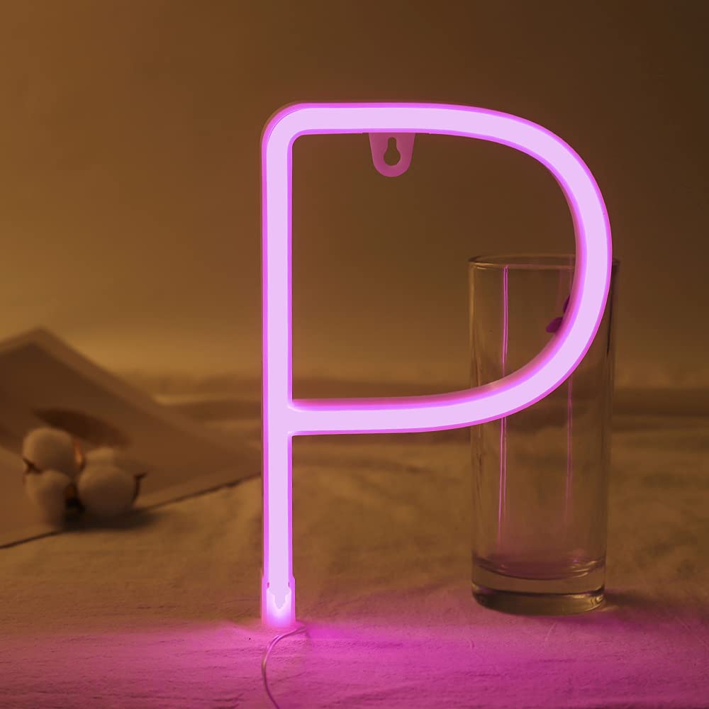 Light Up LED Neon Letters Sign Wall Decorative Neon Lights Warm White Pink Blue Alphabet Marquee Letter A to Z & 0 to 9 (Pink) (P)