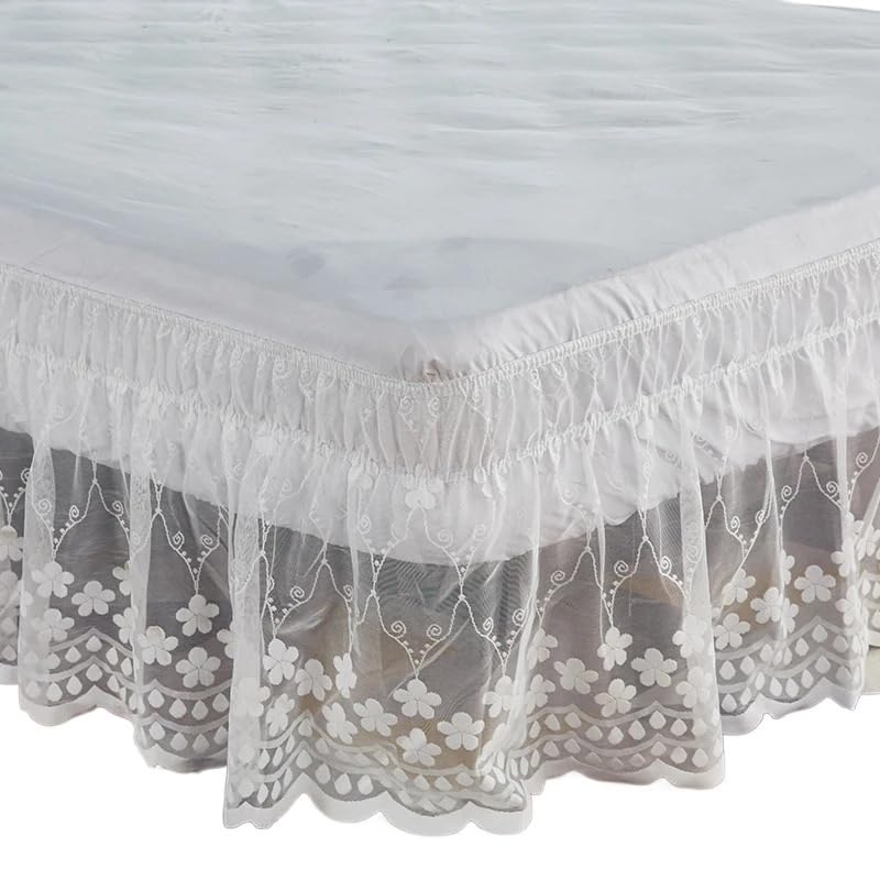 Bettrock 18 Zoll Langer, zarter Rüschen-Bettrock aus Blümchenspitze mit starken elastischen Gürteln – Frauen/Dame/Mädchen lieben Betthusse(Beige,Twin 90x190x45cm)