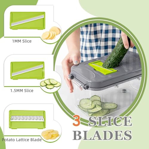 Image of 22 in 1 Vegetable Chopper with Container and Interchangeable Blades, Manual Food Slicer Dicer and Grater Set with Lid, Finger Guard and Cleaning Tools