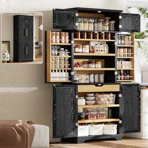 Image of 78.2 inch Tall Farmhouse Kitchen Pantry Cabinet with 8 Door Shelves & 4 Adjustable Shelves, Modern Storage Cabinet with Hidden Drawer & Wine Rack, Versatile Storage Cupboard for Kitchen (Black)