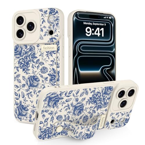 Jefonha Case for iPhone 17 Pro Max Silicone Phone Case with Strap for Women Girls Cute Flowers Floral Design, Adjustable Finger Strap Kickstand Protective Cover, Beige Retro Rose by Jefonha - Used condition - US$14.11