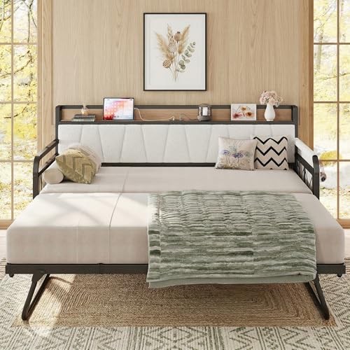 Image of LIKIMIO Twin Daybed, Day Bed with Trundle, Storage Boucle Upholstered Headboard and Charging Station, Trundle Bed with Strong Supports for Living Room, Bedroom, and Guest Room, Cream