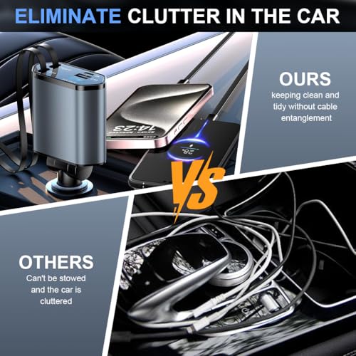 Image of STHIRA Retractable Car Charger Type C 120W 4 Ports Adapter Voltage Display USB Fast Charging Car Charger Fast Charging 120W