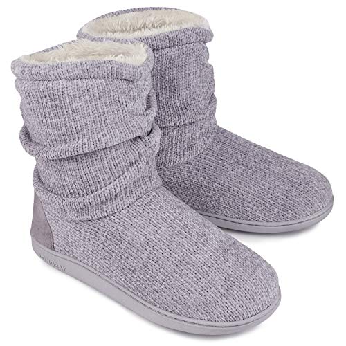 LongBay Ladies Bootie Slippers Memory Foam Fur Collar Bootee Plush Lined Women Boots with Non Skid Indoor Outdoor Sole 5/6 UK New Grey