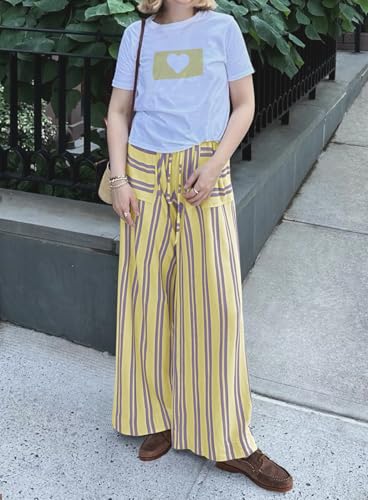 Yanekop Womens Striped Pants Casual Long Pants Wide Leg Lounge Pants with Pockets Loose Trousers High Waist Drawstring4