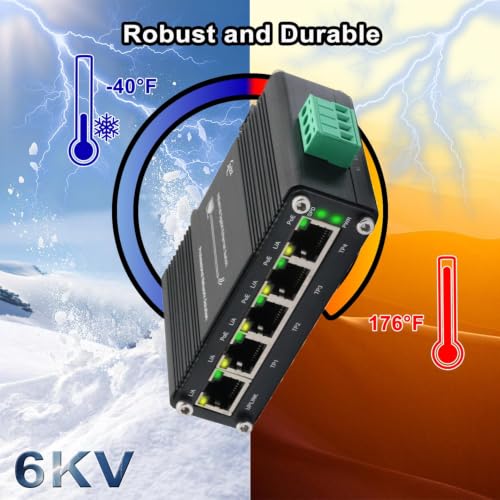 Industrial Gigabit 5-Port 802.3at PoE Switch con 1 Puerto Uplink | Switch Ethernet 10Gbps con función PoE Booster y soporte para montaje DIN-Rail miniatura 5