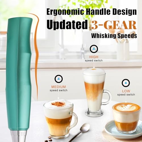 Image of Nahida Green Milk Frother Wand for Coffee, Frother Handheld Rechargeable Electric Whisk with 3 Heads 3 Speeds Drink Mixer Coffee Frother Foam Maker For Latte, Cappuccino, Hot Chocolate, Egg