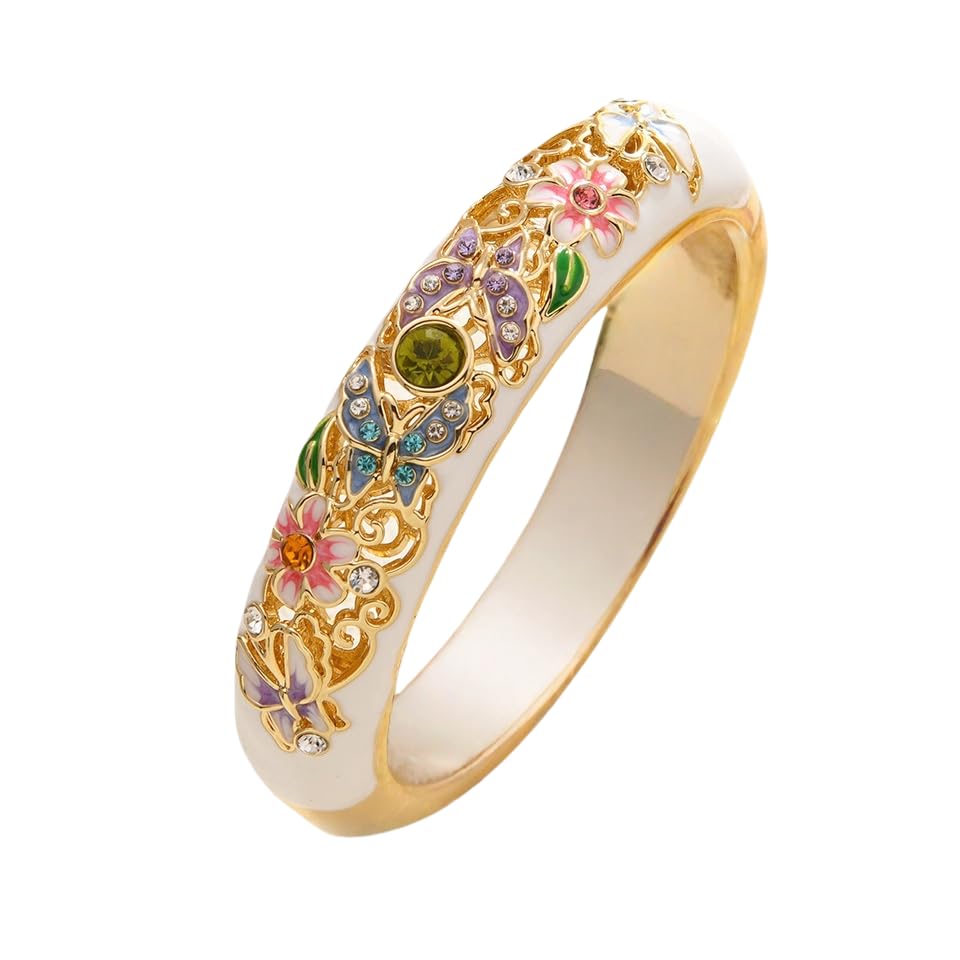 Gold Rings For Women, Cloisonne Flower Butterfly Enamel Copper Cubic Zirconia Non Tarnish Stackable Engagement Statement Trendy Birthday Jewelry Gift