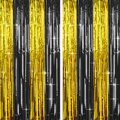Image of 4 Packs Black and Gold Foil Fringe Curtain, Black Gold Metallic Tinsel Backdrop for Birthday, Wedding, Graduation Decorations 2025, Anniversary, Retirement Party Decorations Supplies