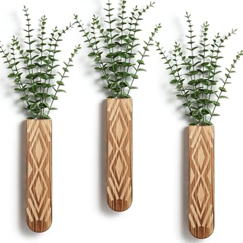 Wall Planter, Geometric Pattern Wall Vase for Living Room and Farmhouse Wall Decor, 3 Pack Hanging Planter for Holding Dried Flowers and Faux Greenery, Modern Wood Planter Cover
