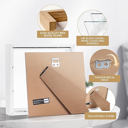 Image of Muzilife 8x8 Shadow Box Picture Frame for Wall and Tabletop Display - Deep Wood & Glass Display Rustic Case Ready to Hang Memorabilia, Pins, Awards, Medals, Wedding, Tickets, and Photos, White
