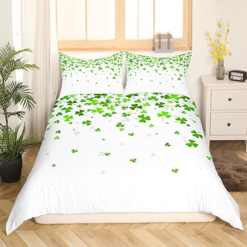 Manfei Lucky Clover Bedding Set for Boys Girls Spring Leaves Comforter Cover St. Patrick's Day Duvet Cover Room Decor Green White Bedspread Cover Queen Bedding Collection 3Pcs,No Comforter