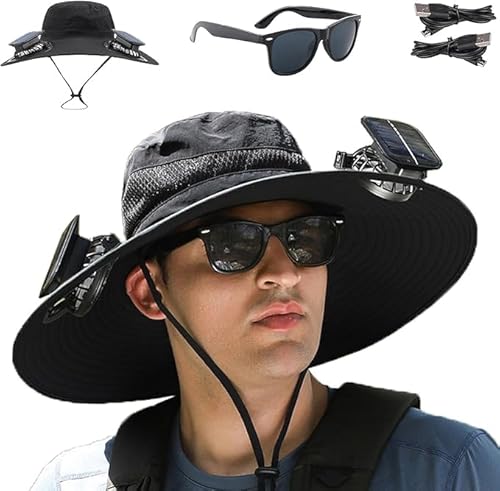 Fishing Hats for Men, Wide Brim Sun Hat with 2 Solar Fan, USB & Solar Powered Fishing Hats, Outdoor Solar Fan Hats & Beach Hat UPF 50+ (Black)