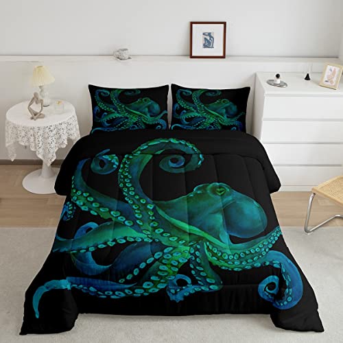 Erosebridal Octopus Comforter Set Sealife Duvet Insert Ocean Animal Down Comforter for Kids Teens Adult,Bedding Decoration 3 Pcs Bedding Set (1 Quilted Duvet 2 Pillowcases) Full Size,Black G
