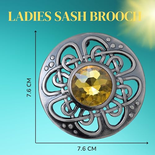 Image of Elegant Culloden Plaid Brooch - Scottish Kilt Fly Plaid Brooch Intricate Celtic Knot in Pewter with Gemstone 3-Inch Diameter - Ideal for Scottish Kilts & Formal Wear