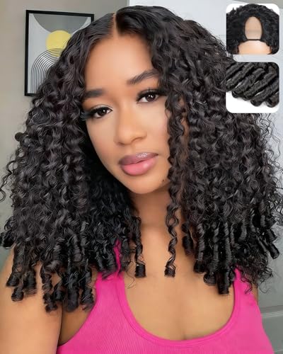 jcoolo V Part Wig Human Hair Burmese Curly Upgrade U Part Human Hair Wig With Adjustable Drawstring 200% Density V Shape Clip In Half Wig For Women Natural Color 22 Inch