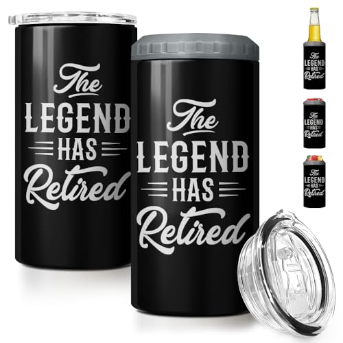 Image of SANDJEST The Legend Has Retired 4-in-1 Design Tumbler Cup Can Cooler - 12oz Stainless Steel Insulated Cans Coozie Travel Mug Christmas, Birthday, Happy Retirement Gifts for Coworkers, Colleagues, Men