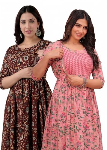Image of Women's Maternity Kurti for Feeding Zippers | Feeding Kurti with Concealed Zip for Pre & Post Pregnancy |Maternity Dresses for Women (Combo Pack of 2 Kurti)