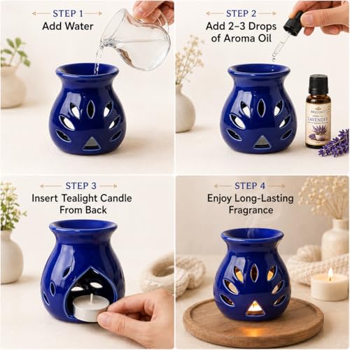 Image of BRAHMZ Ceramic Aroma Diffuser Set of 4 with 4 Tealight Candles | Essential Oil Burner for Home Fragrance | Tea Light Candle Diffuser | Aromatherapy Oil Warmer for Bedroom, Living Room, Office & Spa