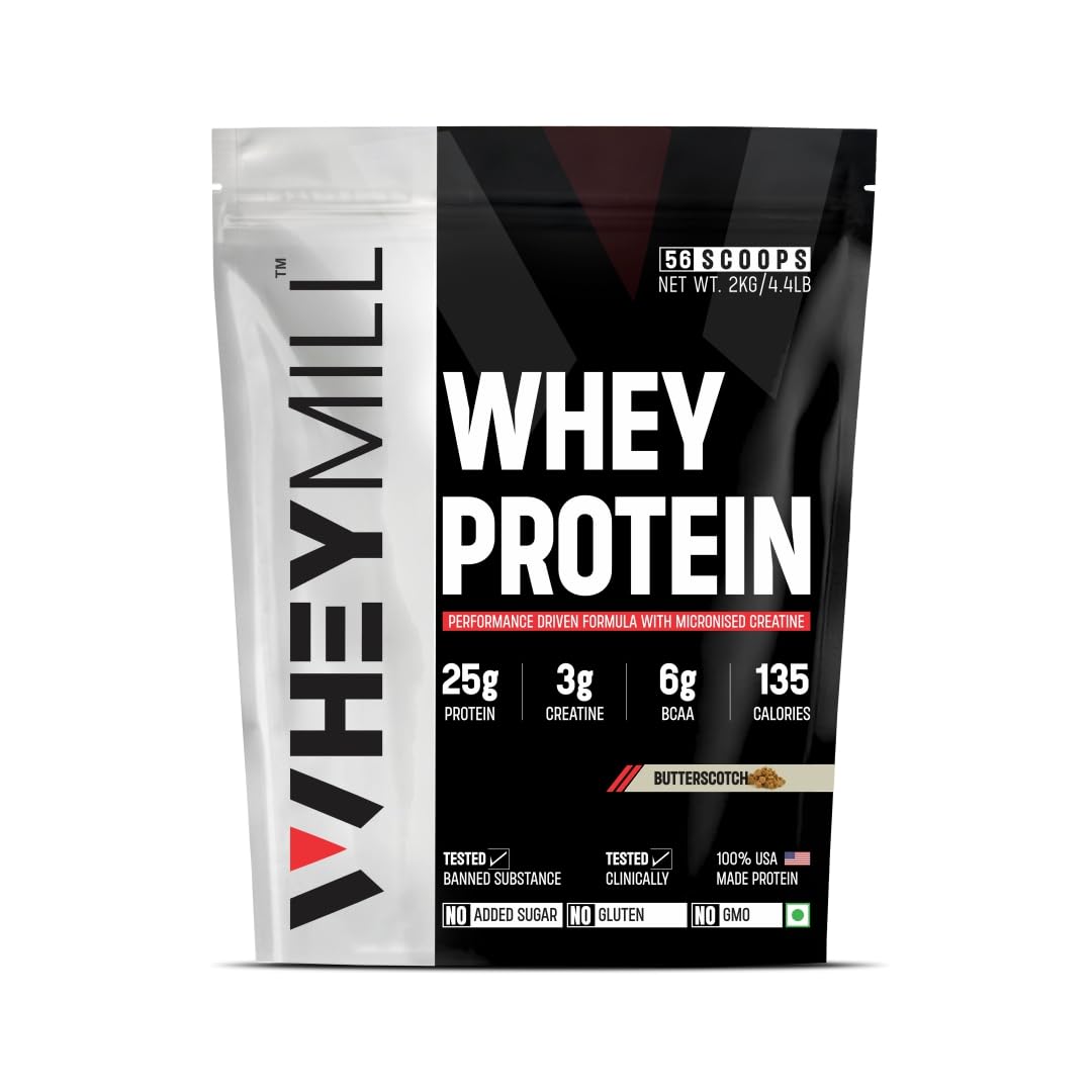 100% Whey Protein | 25g Protein, 3g Creatine, 6g BCAA | Easy Mixing, Low Carbs Whey Protein Supplement Powder with Creatine for Men, Women & Athletes (2 Kg/4.4lb | 56 Servings | Butterscotch)