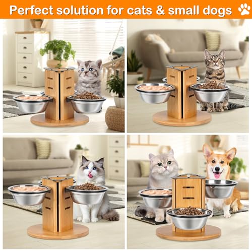 JAZUIHA Katzennapf Erhöht 3er Set, Höhenverstellbare Futterstation für Katzen und kleine Hunde, 14 cm Edelstahlnäpfe (350ml), 3 Stufen für Anpassbare Höhe