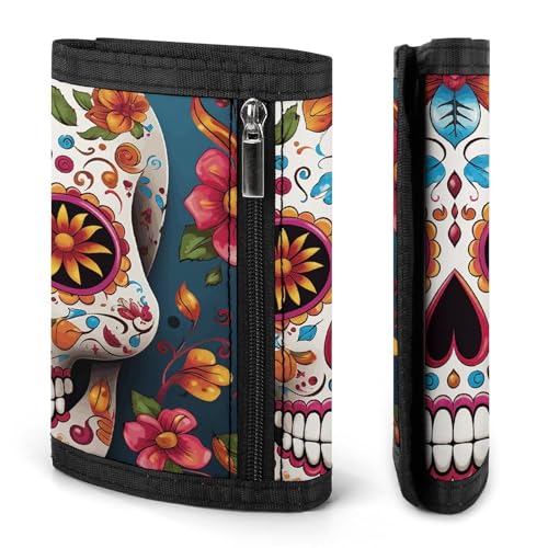 Colorful Sugar Skull Trifold Wallet for Men - Money Clip Slim Wallets with Multiple Card Slots Minimalist Small Front Pocket Wallet for Everyday Carry3