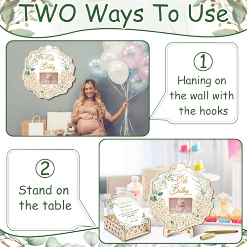 Image of Wenqik 63 Pcs Sage Green Baby Shower Guest Book Alternatives Set Baby Shower Decorations with Photo Frame Sonogram Frame Keepsake 60 Wood Slices Guest Book for Birthday