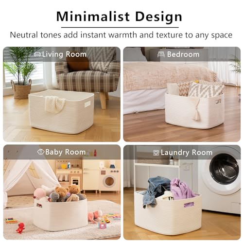 Image of OIAHOMY XXLarge Rectangle Blanket Basket-96L, Cotton Woven Basket for Storage, Dirty Clothes Basket for Living Room, Nursery, Bedroom, Toy Organizing with Handle, 24 inch x 16 inch x 15 inch, White